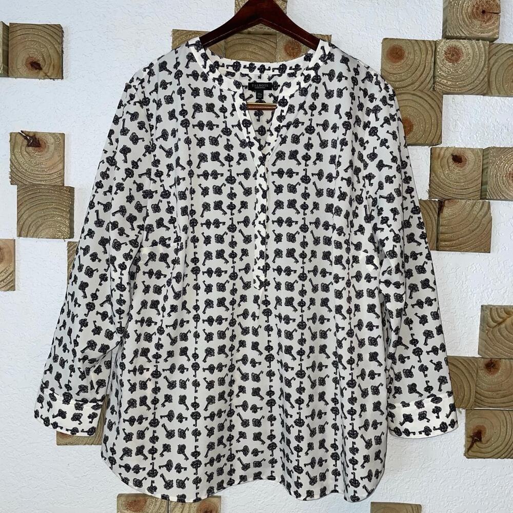 Talbots Blouse Womens Size 2X P Keys Print Chiffon Hidden Buttons Polyester Top